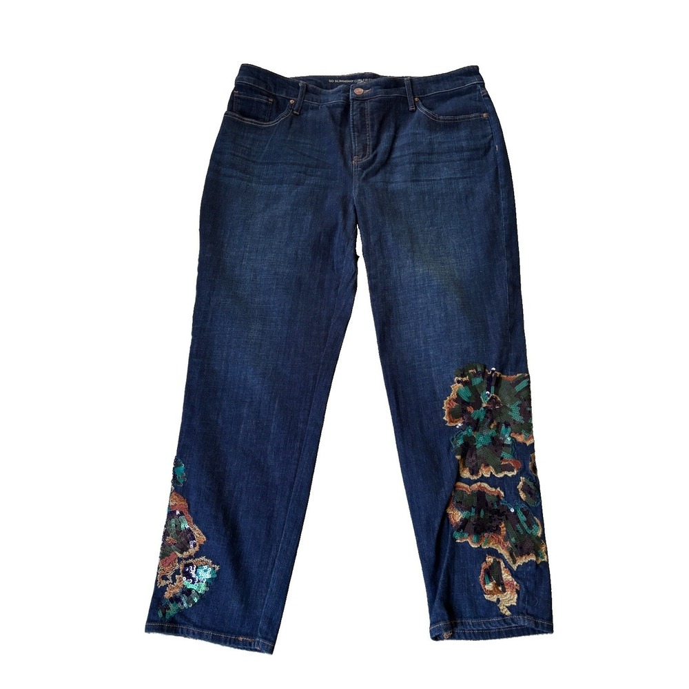 Chicos So Slimming Girlfriend Ankle Jeans Floral Embroidered Sequins Size 3R 16R